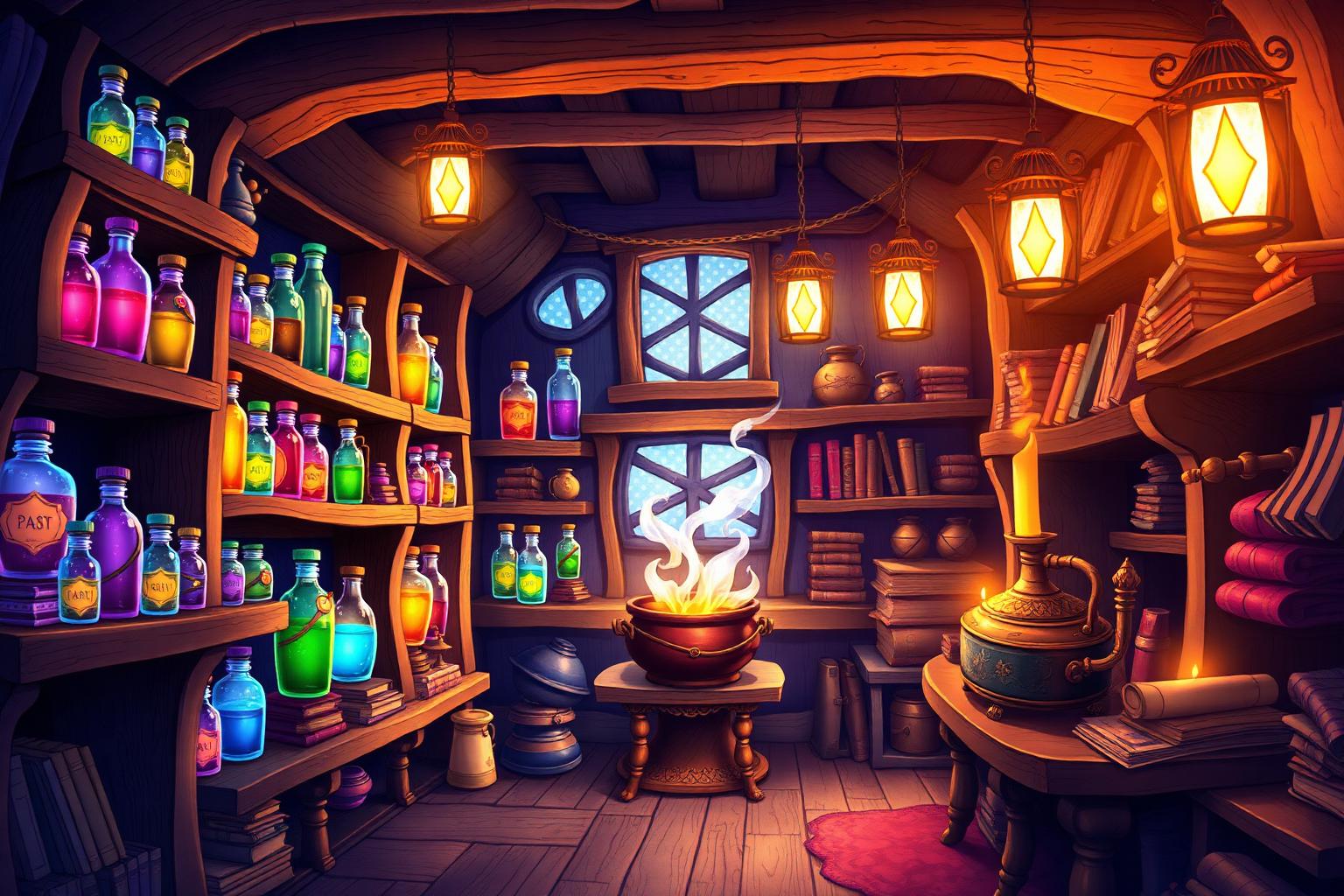 Interno dell'emporio alchemico pieno di pozioni colorate